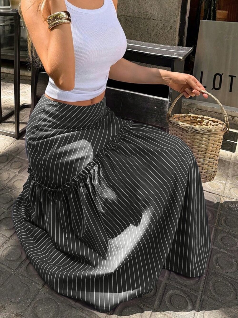 Dark Grey Casual Women's Vacation Striped A-Line Long Skirt - Picture 7 of 7